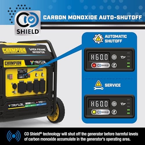 Champion Power Equipment 9000-Watt Electric Start Tri Fuel Home Backup Portable Open Frame Inverter Generator with Quiet Technology and CO Shield