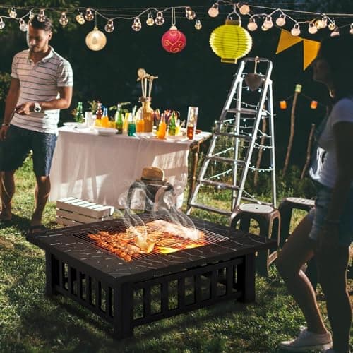 Yaheetech Multifunctional Fire Pit Table 32in Square Metal Firepit Stove Backyard Patio Garden Fireplace for Camping, Outdoor Heating, Bonfire and Picnic
