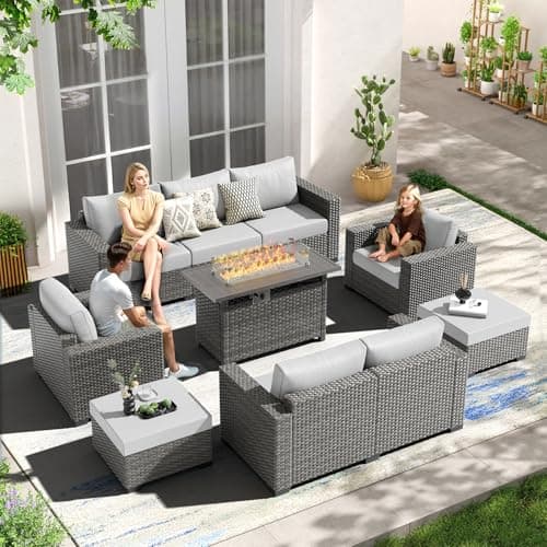 Patio Furniture Set with 44'' Fire Pit Table, 7 Piece 60,000 BTU Comfortable Wicker Rattan Outdoor Furniture Set with Propane Fire Pit, Patio Conversation Set for Porch,Deck,Poolside,Grey