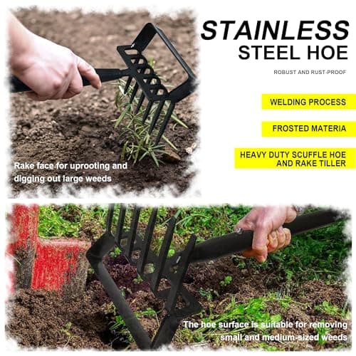 6-Tines Rake and Stirrup Hoe - Adjustable Long Handle Scuffle Loop Hula Action Hoe for Weeding, Digging, Loosening Soil, Stainless Steel Tiller Cultivator for Gardening, Raised Flower Beds Planting.