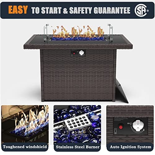 44 Inch Propane Gas Fire Pits Table for Outside Patio, 60000 BTU Rectangular Outdoor Wicker Rattan Fire Pit with Glass Wind Guard