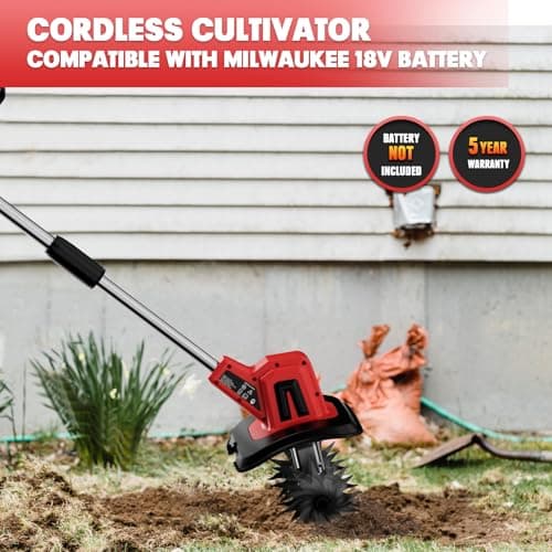 MaxMore Cordless Tiller Cultivator Compatible with Milwaukee 18V Battery (Tool Only), Electric Garden Rototiller with 48 Steel Tines, 8.7" Tilling Width, 6.3" Depth for Gardening, Soil Turning