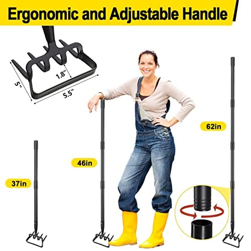 Garden Hoe, Heavy Duty Hula Hoe Garden Tool for Weeding, 62 Inch Cultivator Stirrup Hoe with Adjustable Long Handle, Action Scuffle Loop Hoe with Rake 2-in-1 Gardening Tool for Loosening Pulling Weed