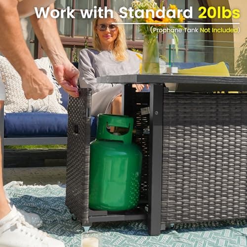 Sundale Outdoor 52 Inch Outdoor Fire Pit Table, 50000 BTU Propane Fire Pits with Storage Shelf, Glass Wind Guard and Lid, Wicker Patio Gas Fire Pit for Outside Patio and Garden, CSA-Listed(Grey)