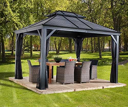 Sojag 10' x 12' Mykonos Double Roof Hardtop Gazebo Outdoor Weather-Resistant Aluminum Frame Sun Shelter Dark Grey