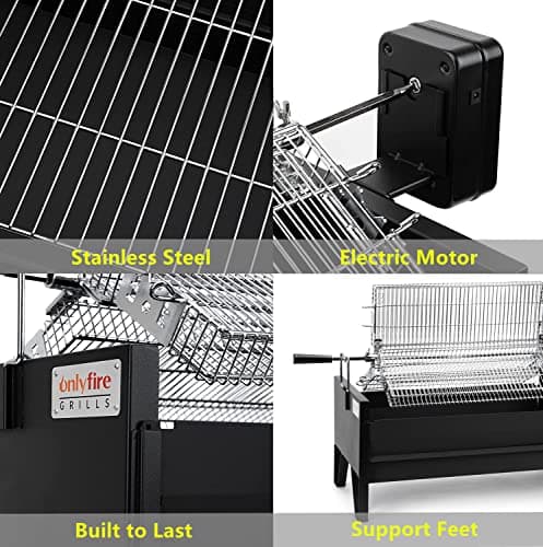 Onlyfire 2 IN 1 Charcoal Grill Rotisserie Kit with 3 Stainless Steel Rotating Baskets and 24 In Grill Grate, Auto Swivel BBQ Roasting Machine for Outdoor Patio Backyard Barbecue, GS304