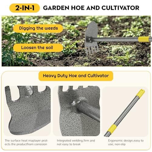 Luvenia Hoe Garden Tool Heavy Duty Garden Hoe for Weeding Loosening Soil 2 in 1 Manual Garden Tools Long Handle Adjustable 16-45 Inch Steel Shaft for Gardening