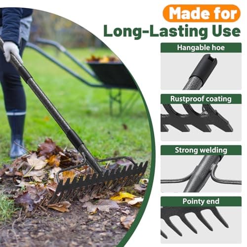 Garden Rake, 63 Inch Long Handle with 17 Tongs, Heavy Duty Metal Bow Rake for Loosening Leveling Soil, Garden Leaf Rake for Raking Leaves Grass , Weeding, Metal Yard Thatch Lawn Care Garden Tool