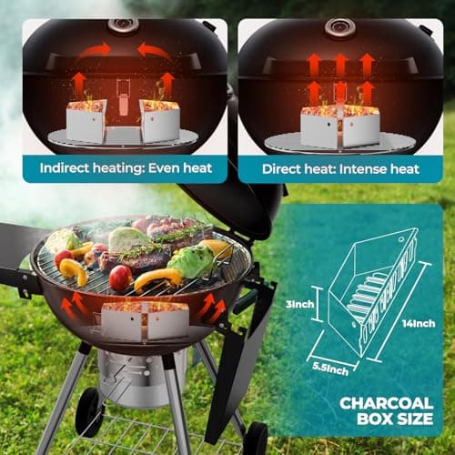 22 Inch Charcoal Grill with 2 Foldable Side Tables,Charcoal Kettle Grills with Wheels,Outdoor bbq Grill,Portable Charcoal Grill for Camping,Party,Backyard (Black)