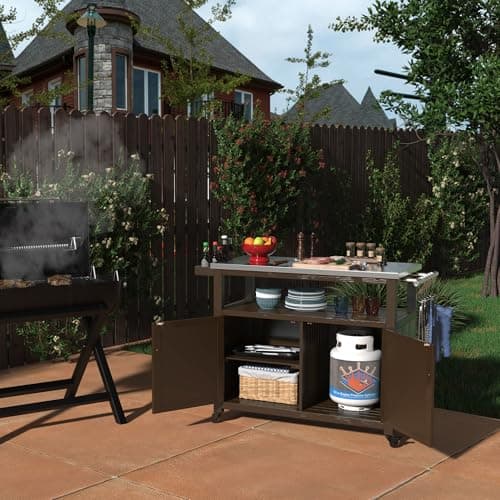 GDLF Outdoor Storage Cabinet Solid Wood Prep Grill Table with Stainless Steel Top Waterproof Cover Dark Brown