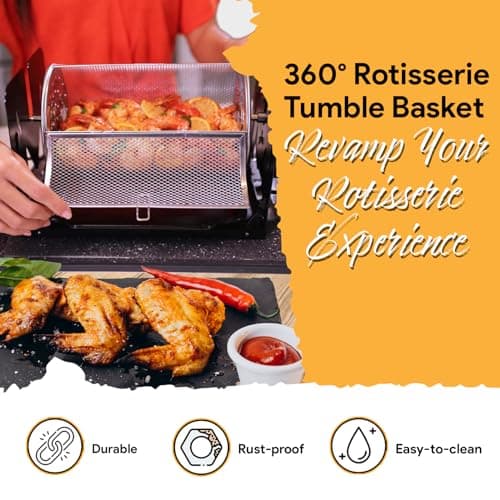 Family Bundle Rotisserie Kit - Non-Electric Wind-Up Spit Roaster with Rotisserie Basket, Flat Cage, Skewer Set, and Cooking Mat for Grills, Ovens, and Smokers - Indoor & Outdoor BBQ Use