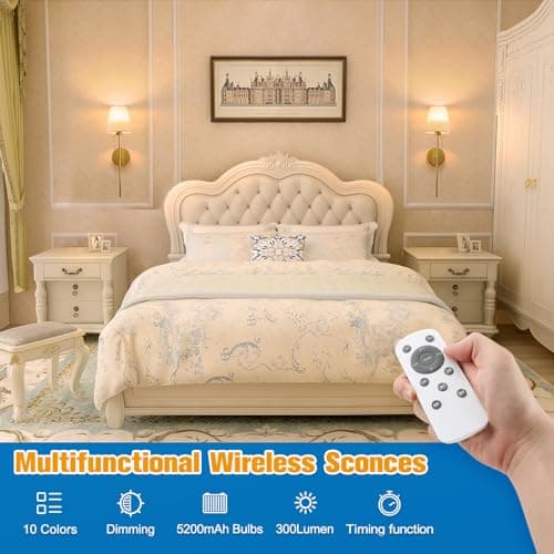 NIORSUN Battery Operated Wall Sconce Set of 2,Gold Rechargeable Wall Lights with 5200mAh Dimmable Bulbs and Remote,10 Colors Wireless Wall Lamps for Bedroom Living Room Hallway Decor
