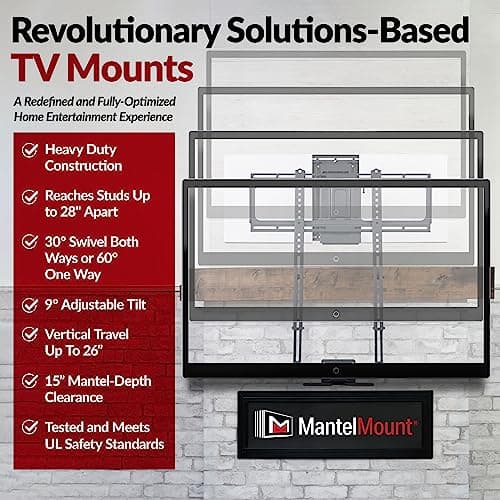 MantelMount MM700 Premier Fireplace TV Mount Pull Down Bracket for 50"-90" & 25-115 lb Televisions Above Mantel with Sound Bar Attachment, Paintable Covers & Safety Pull Down Handles