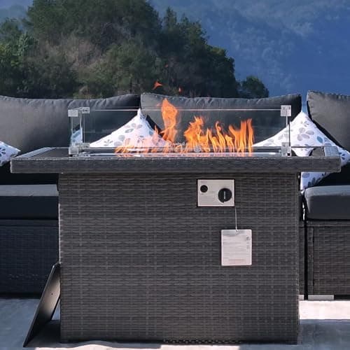 NICESOUL Wicker Propane Fire Pit Table, 60000 BTU Large Natural Gas Firepit Tables, 43'' Rectangle CSA Fireplaces for Deck Backyard, Fire Table with Windguard&Glass Rocks&Cover, Gray
