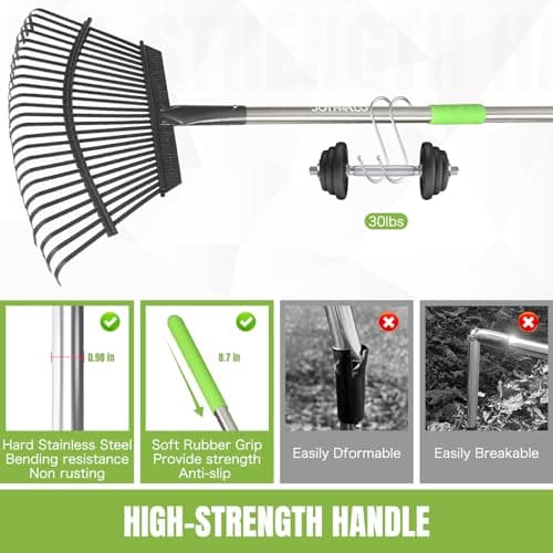 Joyhalo Rake for Leaves Adjustable 65 Inch Long, 18 Inch Wide Garden Rake with 25 Tines, Metal Leaf Rakes, Rakes for Lawns, Gathering Leaves, Weeds, Debris