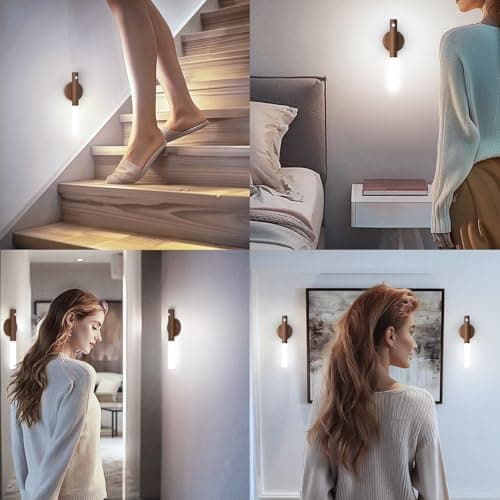 Battery-Operated Wall Sconce Wall Lights: 2200mAh Rechargeable Motion Sensor Magnetic Wireless Stairway Lights Portable Hallway Light Wooden Wall Lighting for Bedroom Stair(White Light)