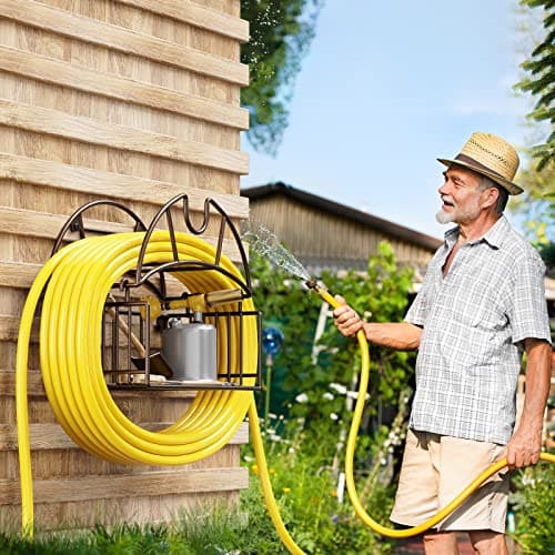 Lamir Heavy Duty Metal Garden Hose Reel with Tool Storage Basket, Wall Mount for Outer Yards and Garden Lawns
