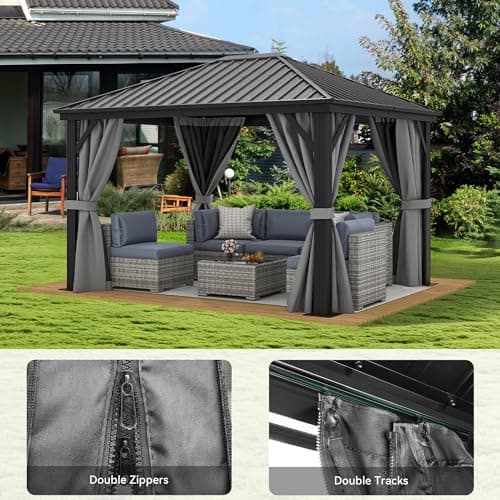 YITAHOME 10X12FT Hardtop Metal Gazebo Outdoor Patio Single Top Canopy Galvanized Iron Aluminum Column Garden Tent Curtains Netting for Backyards Decks Lawns,Gray