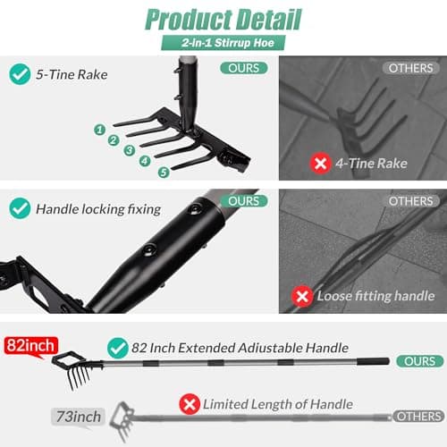 Suchtale 82 Inch Stirrup Hoe and 5-Tines Rake, Action Hoe for Weeding, 2 in 1 Scuffle Hoe with 37-82"Adjustable Handle, Hula Hoe Cultivator for Loosening Soil, Loop Hoe for Garden Weeding and Planting