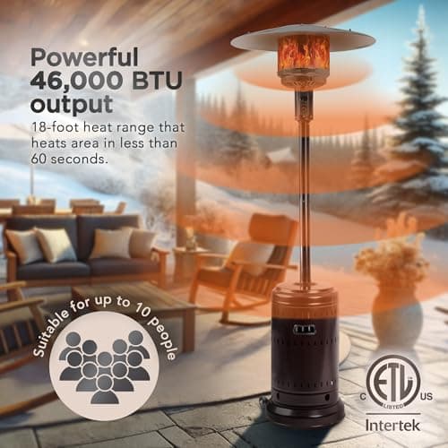 Amazon Basics 46,000 BTU Outdoor Propane Patio Heater with Wheels, Commercial & Residential, Havana Bronze, with Water Tank, 32.1 x 32.1 x 91.3 inches (LxWxH)