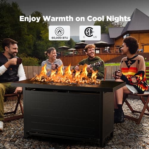 Ciays 43″ Propane Fire Pit with Glass Beads & Lid, 60,000 BTU CSA-Certified Gas Fire Pit with Cup Holders, Hanging Shelf & Nylon Cover, Large Fire Pit Table for Patio/Porch/Deck, Black