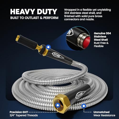 TITAN Garden Hose 25FT - 304 Stainless Steel Metal Water Hose, Flexible, Kink-Free, Lightweight, Durable, Crush Resistant Fittings, Easy to Coil, 500 PSI