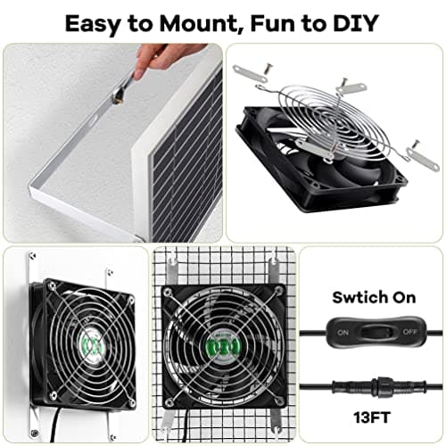 Solar Powered Fan, Solar Fan for Shed, Chicken Coop, Greenhouse, Outside with Two IPX7 Waterproof 5In Fans 13Ft On/Off Switch Cable Exhaust Intake Mounting Way and Installation Kits