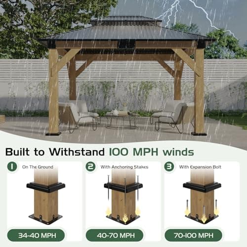 AMERLIFE 10x12 Solid Wood Gazebo, Hardtop Gazebo with Solid Spruce Frame and Aluminum Double Roof, Outdoor Pergola for Parties, Backyard, Patio, Lawns, Black + Natura Wood