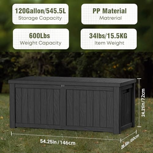 121 Gallon Outdoor Deck Box,Storage Lockable Waterproof Patio Furniture,Garden Tools,Cushions,Pool Accessories Outside Storage Resin Box(Black)