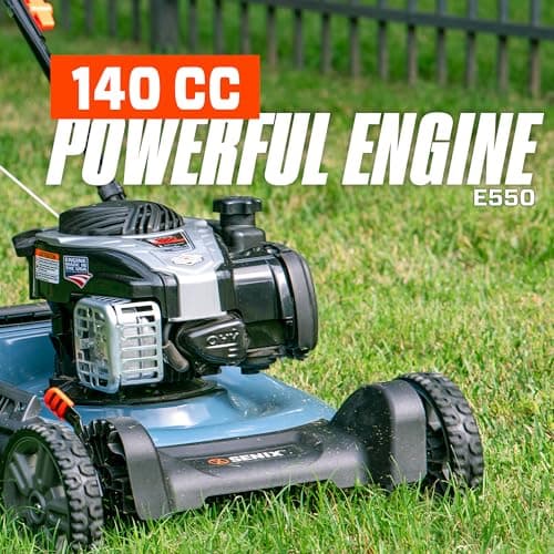 SENIX LSPG-M7 21-Inch Gas Push Lawn Mower with 140 cc 4-Cycle Briggs & Stratton Engine, Bagging, Mulching, and Side Discharge, 6-Position Dual Lever Height Adjustment