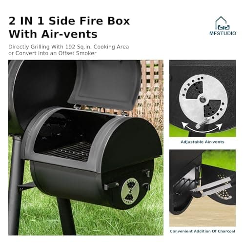 MFSTUDIO Heavy Duty Charcoal Wood Offset Outdoor Smoker Grill, Charcoal Grill with Smoker Combo for BBQ Grilling, 512 SQ.IN.