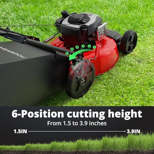 PowerSmart 21-Inch Gas Self-Propelled Lawn Mower, 140cc 4-Stroke B&S Engine, 3-in-1 Function (Mulching, Bagging, Rear Discharge), 6 Height Settings, 10" Rear Wheels, 1.4 Bushel Grass Bag