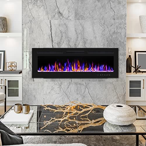 50" Electric Fireplace Wall Mounted and Recessed with Remote Control, 750/1500W Ultra-Thin Wall Fireplace Heater W/Timer Adjustable Flame Color and Brightness, Log Set & Crystal Options