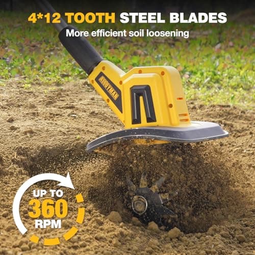Alloyman 20V Cordless Tiller Cultivator, 360RPM Electric Garden Tiller, with 2 * 2.0Ah Batteries & Charger, 9In Tilling Width and 6.6In Depth Garden Rototiller for Lawn/Gardening/Soil Cultivation