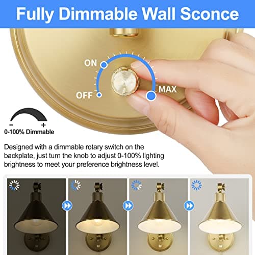 TRLIFE Wall Sconce Plug in, Dimmable Wall Sconces Set of 2 Wall Lights with Plug in Cord and Dimmer On/Off Knob Switch, Brushed Brass Swing Arm Wall Light, UL Listed(2 Pack, 2 Bulbs)