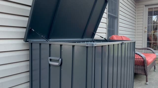 Domi 120 Gallon Deck Box, Patio Storage Box with Resin Lid, Steel Tool Waterproof Outdoor Storage Container for Outside Cushions, Lockable Outdoor Storage Bin for Garden and Pools Tools (Gray)