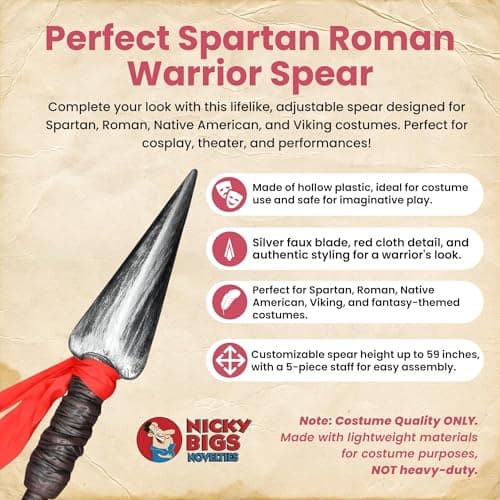 Nicky Bigs Novelties - Adult Plastic Spartan Spear, Roman Replica, Viking Spear Costume, Native American Weapons Roman Gladiator Woman and Men Spartan Halloween Costume