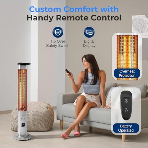 SereneLife Outdoor Electric Patio Heater - 900W Infrared Heater with Remote, Aluminum Reflector, Waterproof Design, IP65 Approved, Quiet Operation, Standing Porch Heater for Patio & Backyard