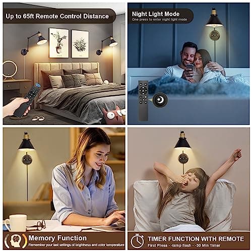 TRLIFE Dimmable Wall Sconce, Remote Control Plug in Wall Sconces Dimming 10%-100% and Adjustable Color Temperature 2700K-6000K, Swing Arm Wall Lights with Plug in Cord, UL Listed(2 Pack, 2 Bulbs)