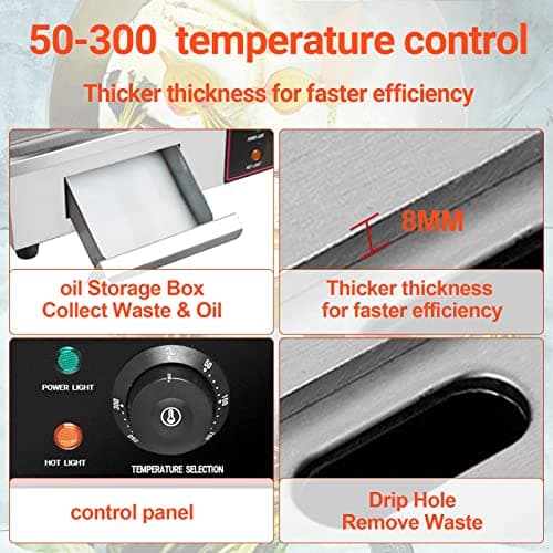 22" Electric Countertop Flat Top Griddle 1600W 110V Non-Stick Commercial Restaurant Teppanyaki Grill Stainless Steel Adjustable Temperature Control 50~300℃
