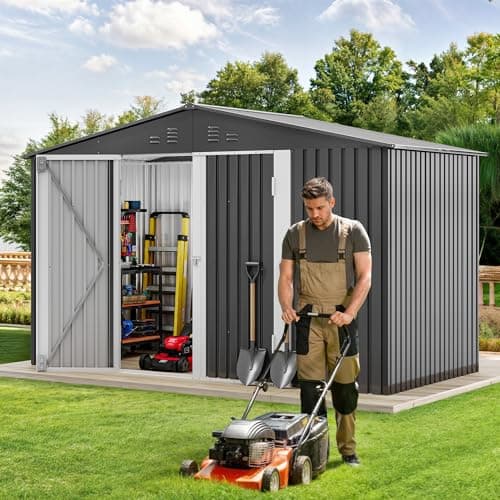 DWVO 9x6 FT Outdoor Storage Shed with Ventilation Windows, Utility Tool Shed Metal Storage Garden Shed with Door & Lock for Bike Storage, Waterproof Trash Shed for Backyard Garden Patio, Dark Dray