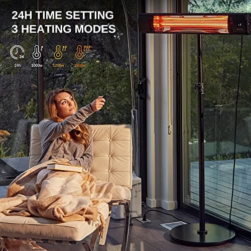 EAST OAK Electric Patio Heater, 1500W Wall Mounted & Standing Outdoor Indoor Infrared Electric Heater with IP65 Waterproof, Overheating Protection & Tip-over, 3 Heat Settings & 24H Timing