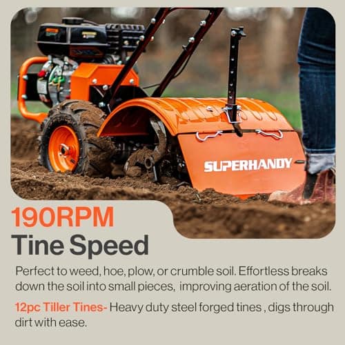 SuperHandy Tiller Cultivator – 7HP 209cc Engine, Adjustable Tilling Width & Depth, Heavy-Duty Steel Tines for Garden Soil Prep, Landscaping & Weed Removal (Rear Tine Tiller)
