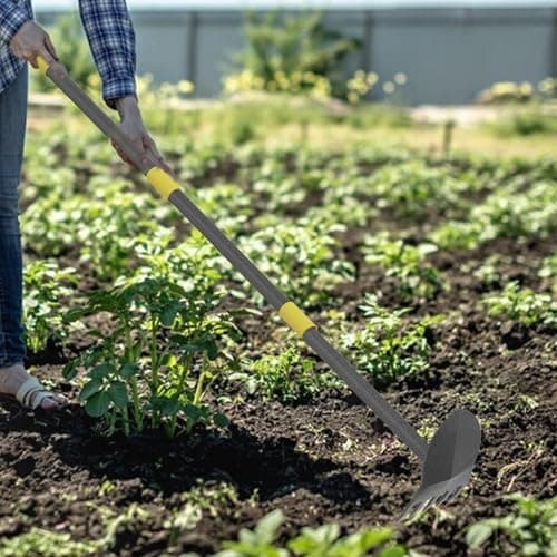 Garden Hoe, 17 to 45 Inch Hoe Garden Tools with Adjustable Handle Length, 2 in 1 Weeding Tool with 5 Tooth Rake, Hoe Garden Tool for Loosening Soil, Planting, Weeding