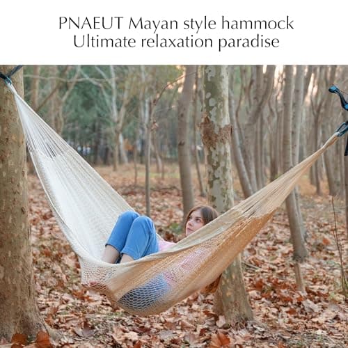 PNAEUT Mayan Hammock, Handwoven XL Thick Soft Rope Hammocks for Outdoor Indoor, Max 600 lbs Capacity, Tree Straps & Carabiners Included (Nature)