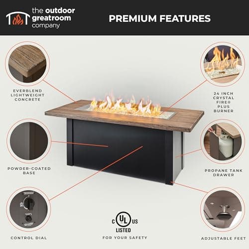 Outdoor GreatRoom Co Propane Fire Pit Table 62" Havenwood 80,000 BTU Luxury Gas Fire Pits for Outside Patio, Everblend Concrete Fire Table Top, Crystal Fire Plus Burner & Glass Cover, US Safety Rated