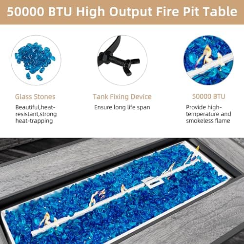 JAMFLY Propane Fire Pit Table 45 Inch, 50,000 BTU Outdoor Gas Firepit Table for Outside Patio with Glass Wind Guard, Blue Glass Rocks,Waterproof Cover, Gray