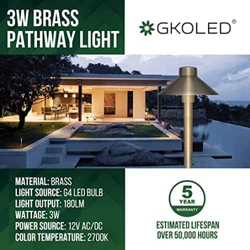 GKOLED Solid Brass Pathway Lights, Low Voltage LED Landscape Path Light, Outdoor Waterproof Accent Lighting, 12V AC/DC, 2700K Warm White, with 3W G4 LED Bulb & Large Rugged Slot Spike, 2 Pack