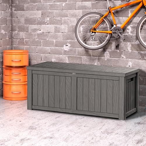 120 Gallon Waterproof Deck Box, Lockable Resin Storage Box for Patio Furniture Cushions Garden Tools and Outdoor Delivery Storage, Coffee