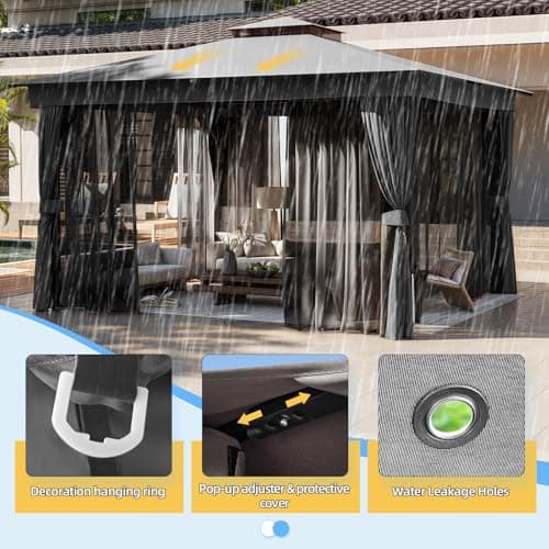 YOLENY Outdoor 10'x13' Grey Patio Gazebo, Metal Frame Canopy with Double Roofs, Heavy Duty Pavilion with Curtains and Nettings for Deck, Lawn and Backyard